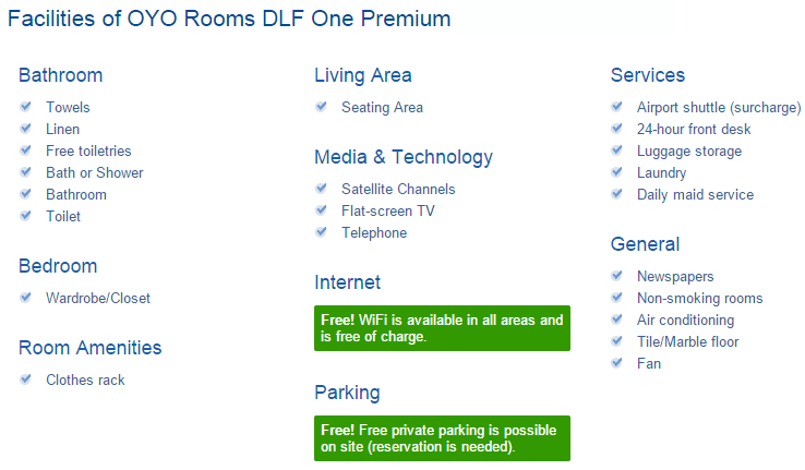 Oyo Room Facilities List